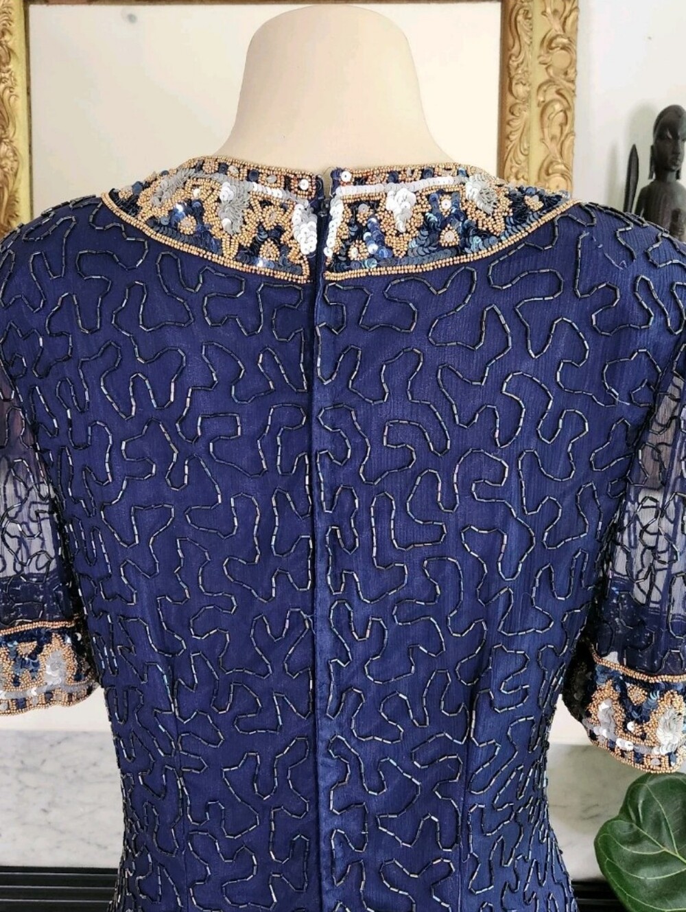 Vintage 80S Laurence Kazar Blue Beaded Silk Dress Sz M Sequin Sheer Art Deco - Picture 8 of 9
